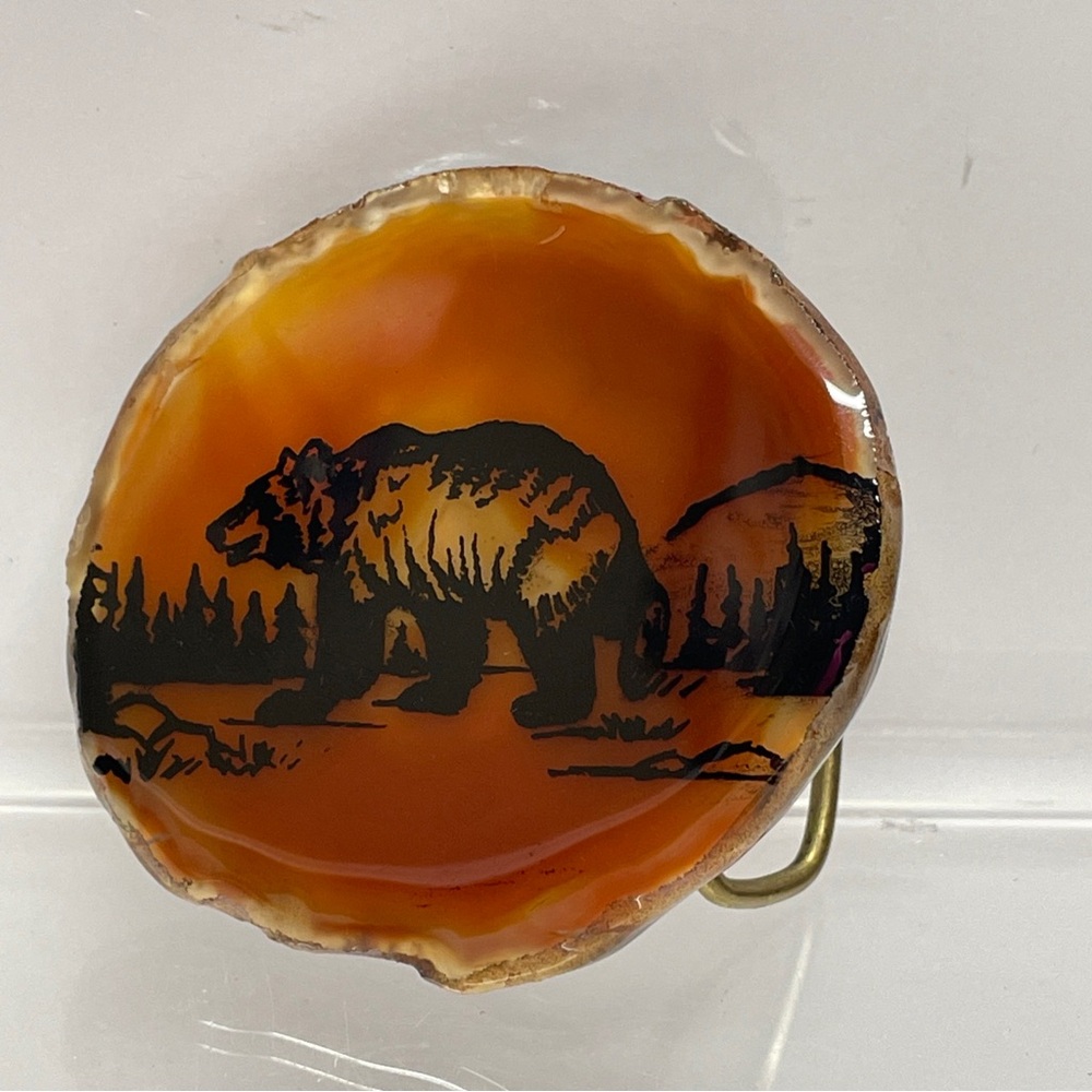 Vintage Hand-painted Bear Stone BELT BUCKLE Painting 3in X 2.5in